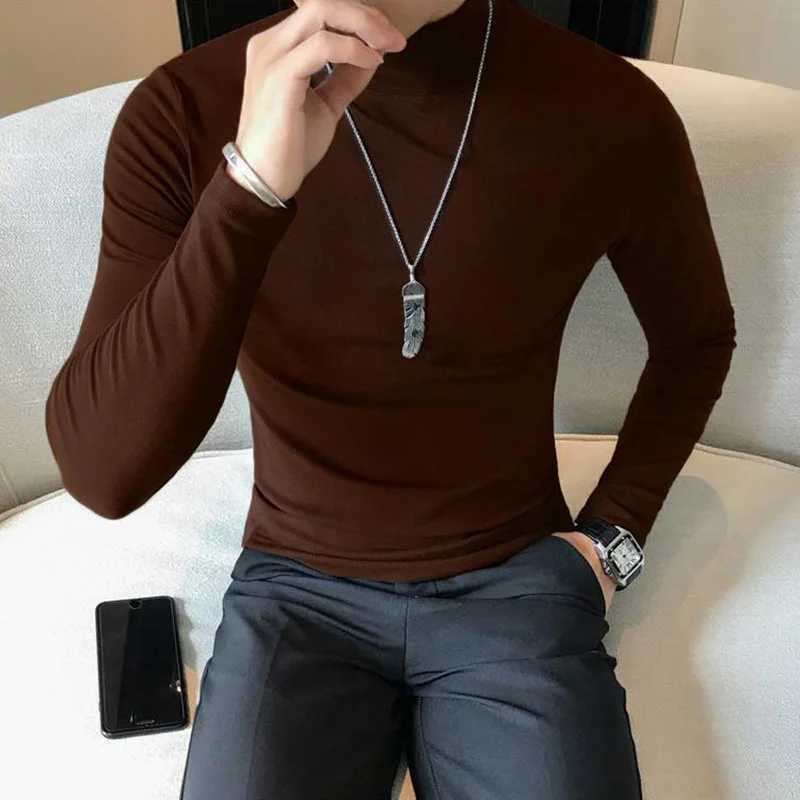 Spring New Mens Turtleneck T-shirt Long Sleeve Slim Fit Solid Color High Elastic Bottoming Pullovers Basic Style Male Tops Z250725