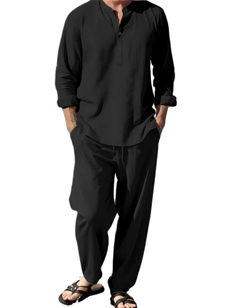 2pcs Shirt Pants Set Long-sleeved Henry Shirt Trousers Suit Sense of Texture Vacation Light Breathable Draped Mens Clothing 250725
