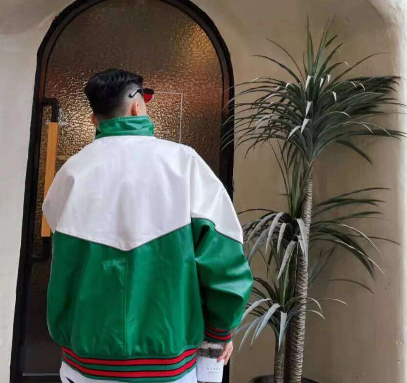 Men's And Women's 2025 Spring New Contrast Color Embroidery Handsome High Street Faux Coats Stand Collar Leather Jacket