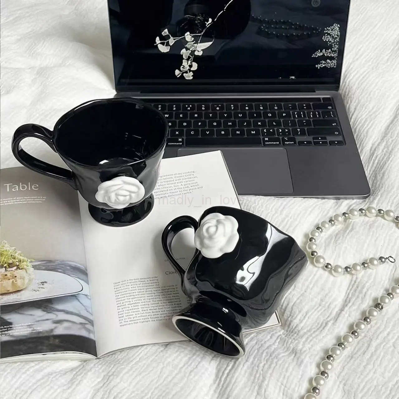 Creative French Style Camellia Coffee Cup With Saucer Handcrafted Irregular Flower Black Ceramic Mug Korean 3D White Rose Cup M250726
