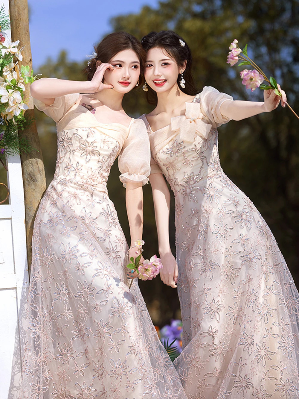 Light Womens Pink Flora Appliqued Bridesmaid Dress Square Collar Off Shoulder Wedding Party Guest Gown Sisters Vestido 250725