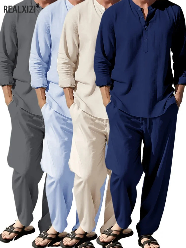 2pcs Shirt Pants Set Long-sleeved Henry Shirt Trousers Suit Sense of Texture Vacation Light Breathable Draped Mens Clothing 250725