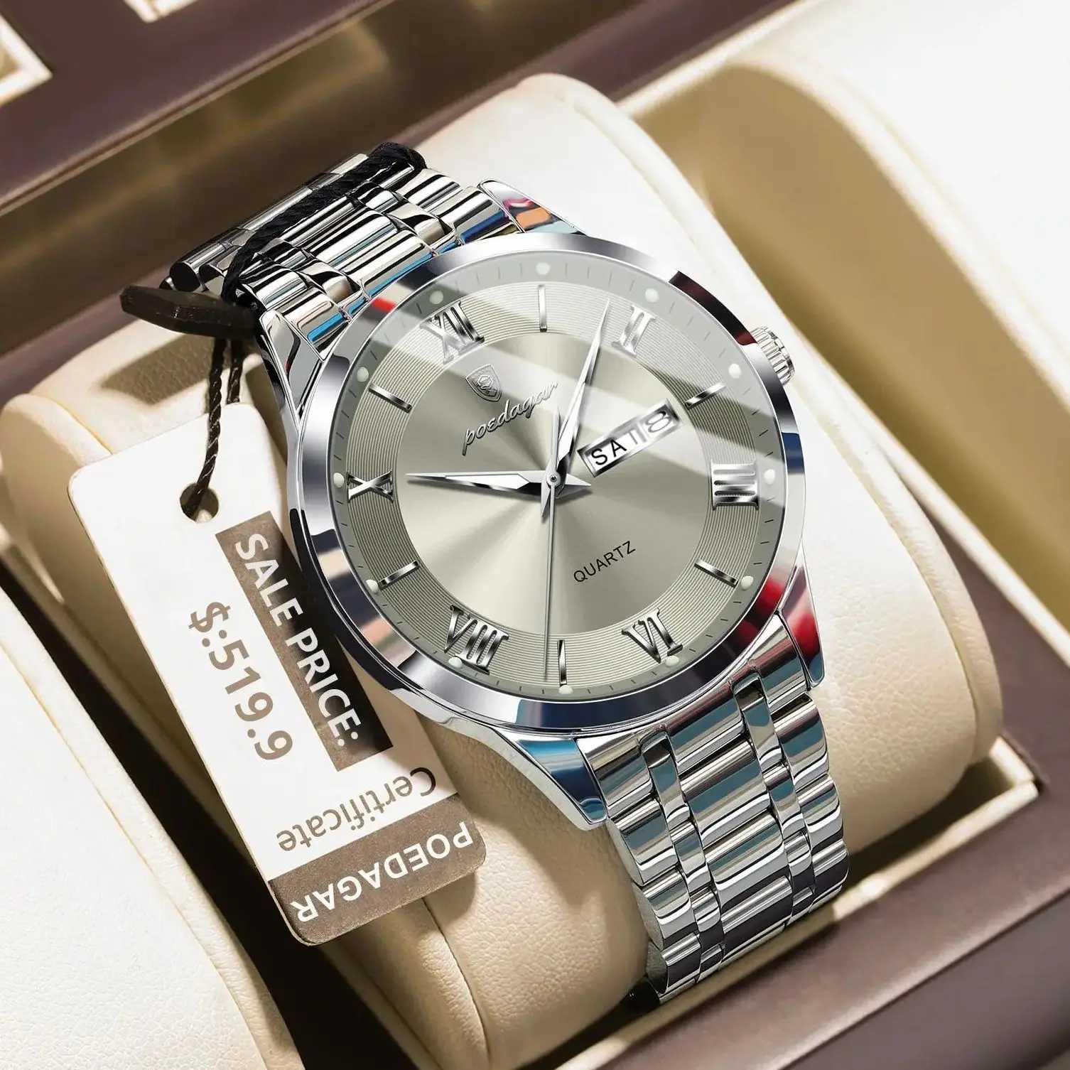 POEDAGAR Business Fashion Man Watch Waterproof Luminous Date Week M Wristwatch Stainless Steel Quartz Men Watches Reloj +Box X250726