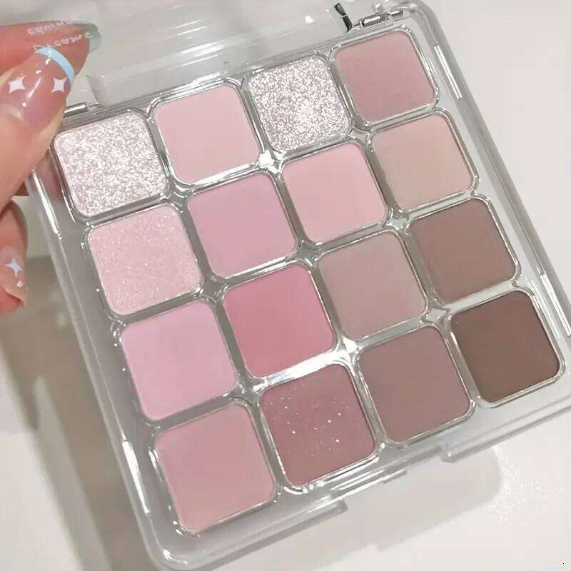 16-color Korean palette - matte, shiny and berry tones, nude pink brown, vibrant high-gloss eyeshadow with sequins