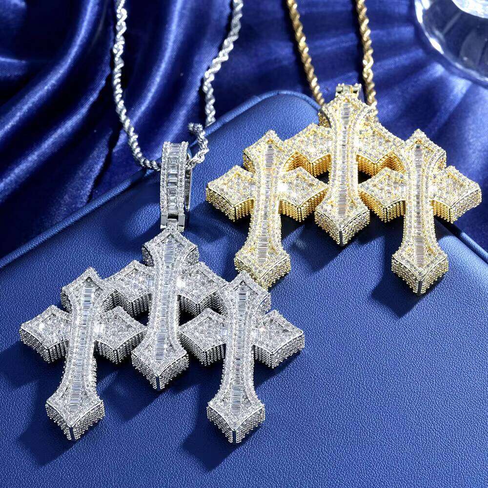 NUOYA Fine Jewelry Pass Dia Tester Large Hip Hop for Men Women Iced Out Baguette Moissanite Three Cross Pendant