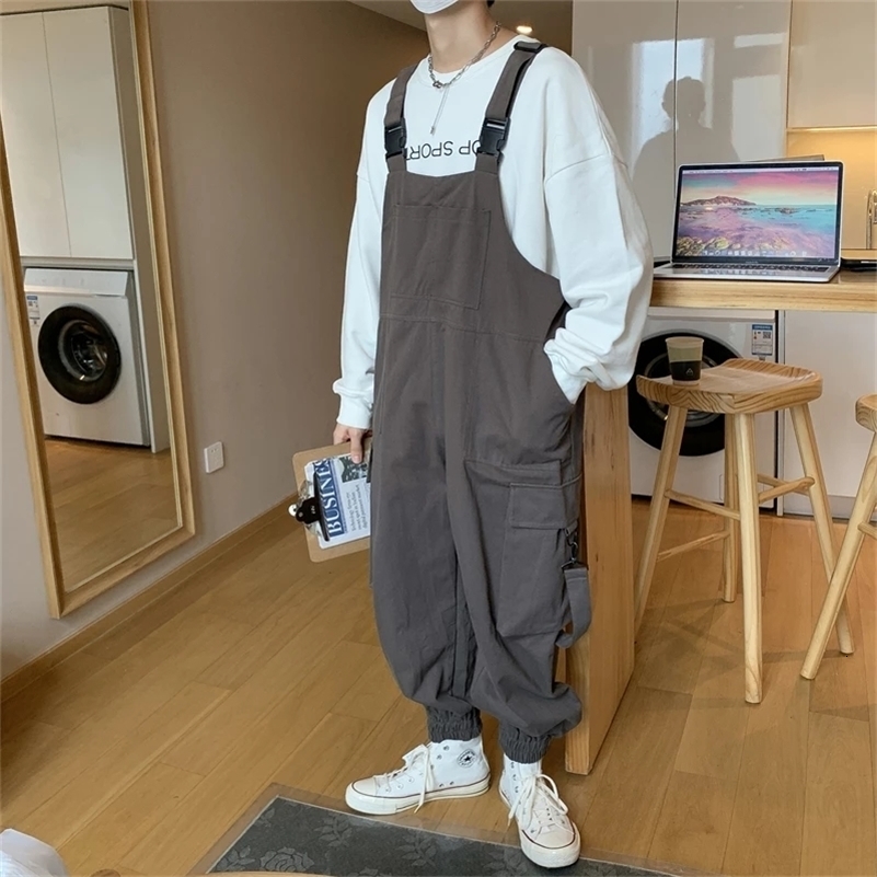 Suspenders Jumpsuit Pants Men Summer Overalls Japanese Loose Straps Casual Pockets Unisex Oversize Streetwear Solid Man Clothing y250725