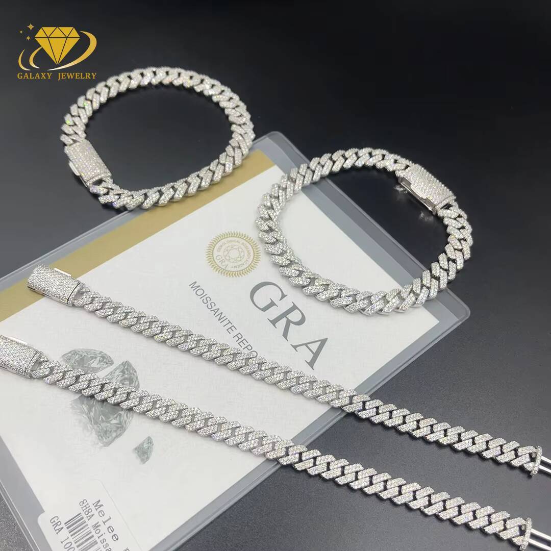 Wholesale 2rows Moissanite Cuban Chain 8-14mm 925 Silver Iced Out Mosssanite Diamond Fine Cuban Chain Link Bracelets