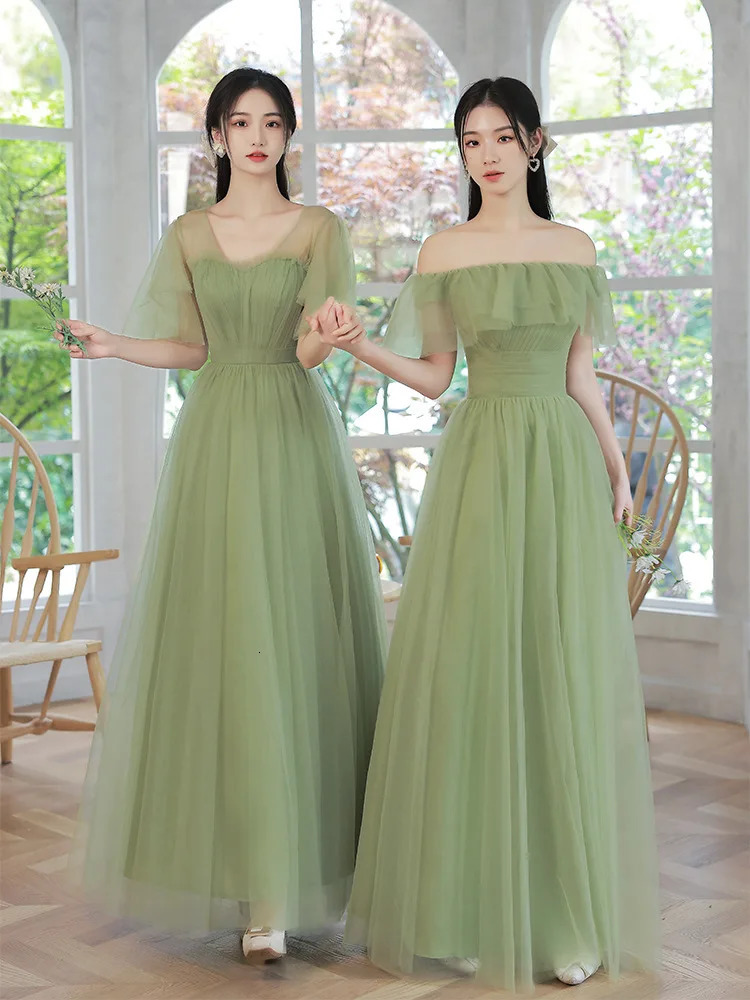 4 Styles Green Bridesmaid Dresses Simple Tulle Offshoulder Sisters Party Prom Gown Lace Up Wedding AnkleLength Vestidos 250725