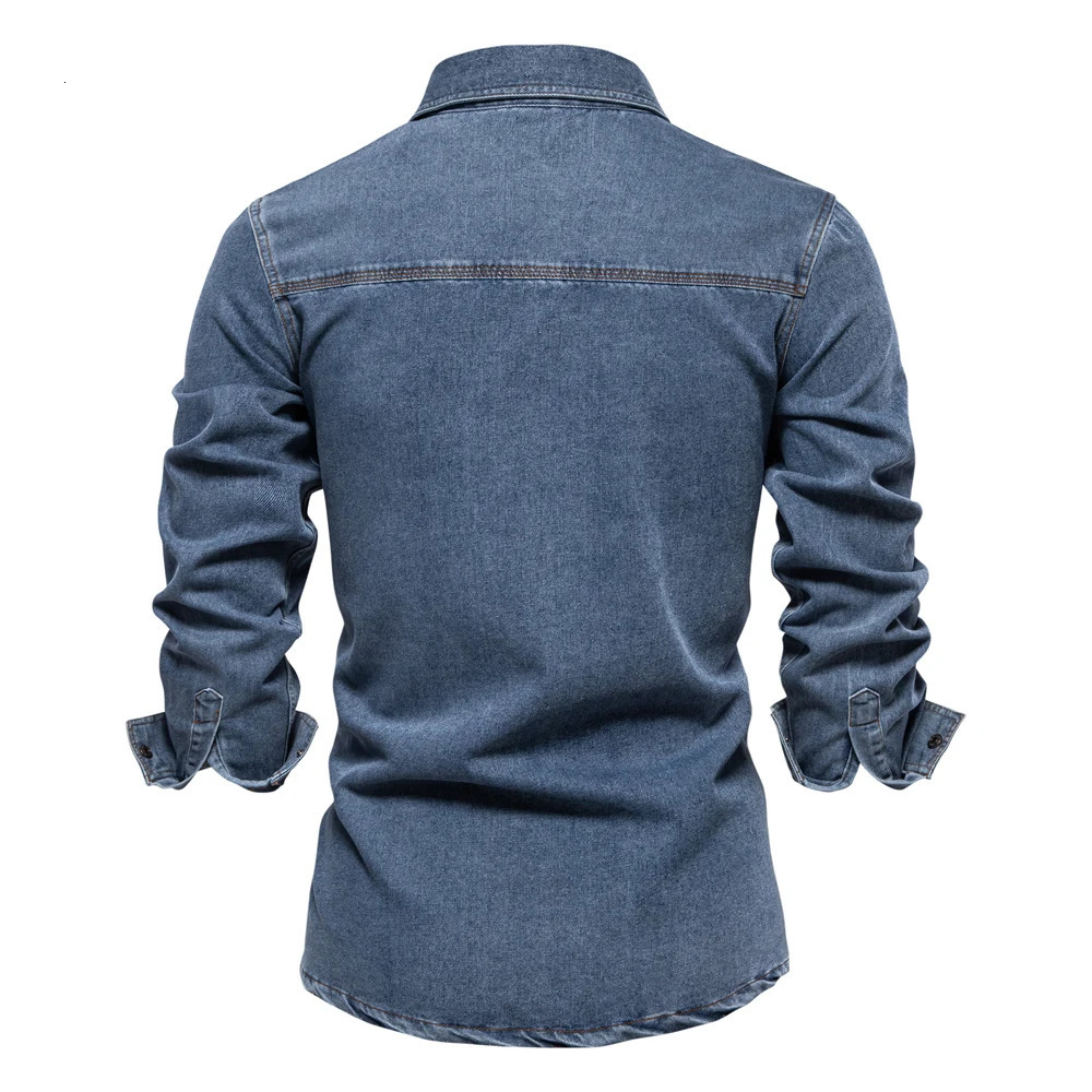 AIOPESON Mens 100 Cotton Denim Shirts Double Pocket Casual Cowboy Long Sleeve Autumn Jeans for Men 250725
