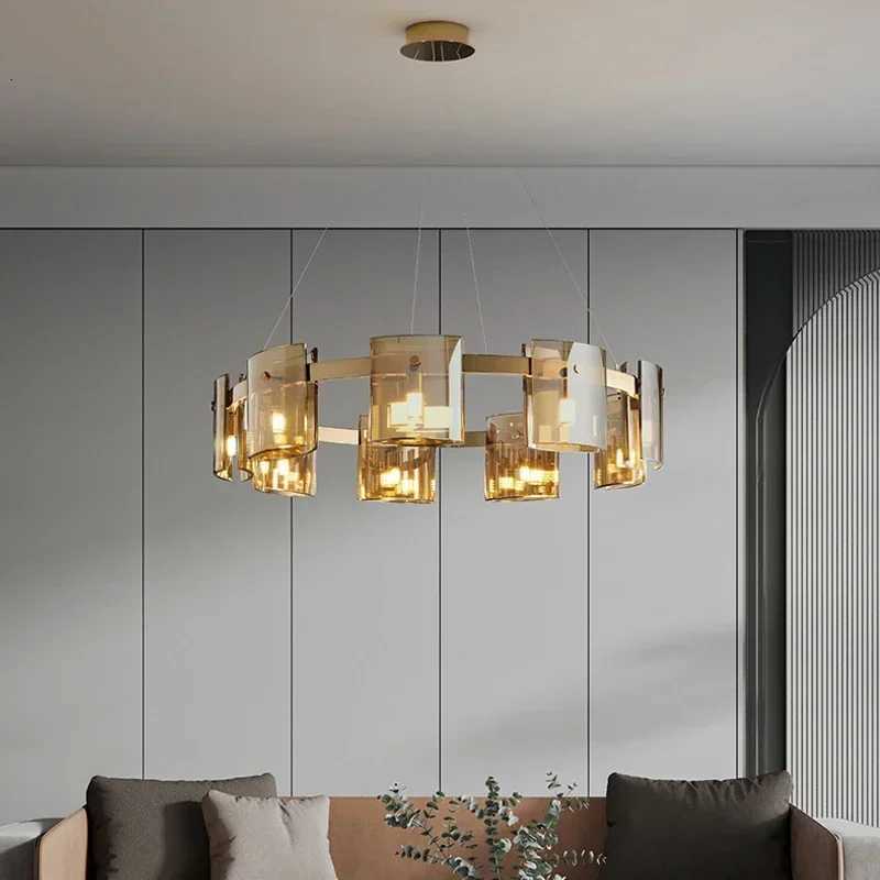 Postmodern LED Amber Smoky Glass Lighting Luxury Ceiling Hanging Chandeliers Dining Table Living Bedroom Pendant Lamps FixturesXJ250725