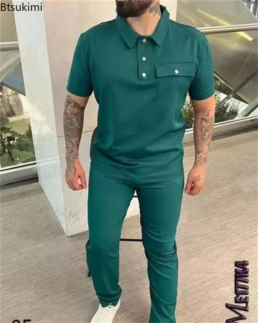 2025 Mens Casual Sport Sets 2PCS Short Sleeve Polo TShirtsPants Suits Sets Solid Spring Autumn Twopiece Tracksuit Mens Sets 250724