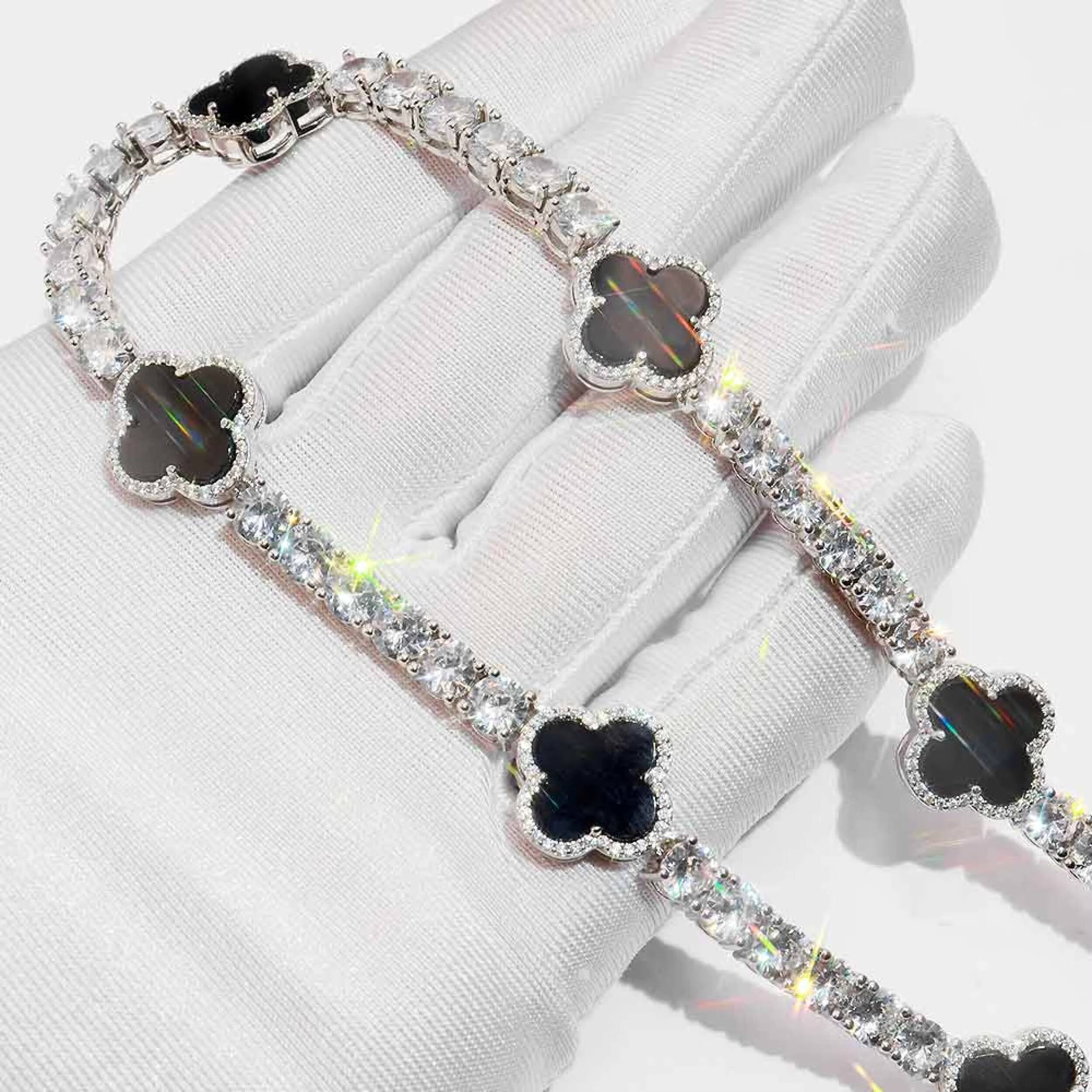 VVS Moissanite Tennis Chain with Black Agate Clover Leafs Iced Out Moissanite Necklace Officiant Gift Anniversary Gift