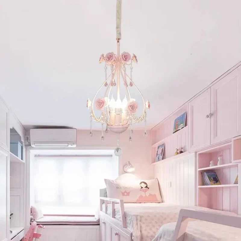 Pink Rose Bouquet Crystal Ceiling Chandelier Girls Bedroom Decorative Light Romantic Warm Children Princess Room Hanging Light XJ250725