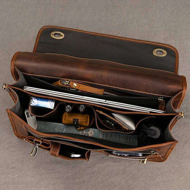 OLOEY Top Grade Thick Genuine Men 15" Laptop Cow Leather Business Bag Tote Man Briefcase With Shoulder Strap