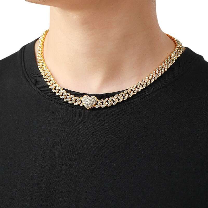 Heart Chain Cuban Link 9mm Hip Hop Rap Ins Style Versatile Accessories Men's Necklace Set