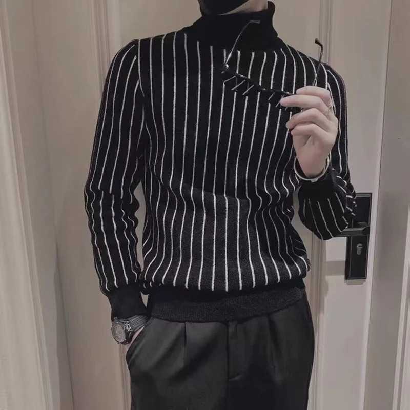 Fashion Printed Knitted Spliced Korean Turtleneck Striped Sweater Men Clothing 2022 Autumn New Loose Casual Pullovers Warm Tops Z250725