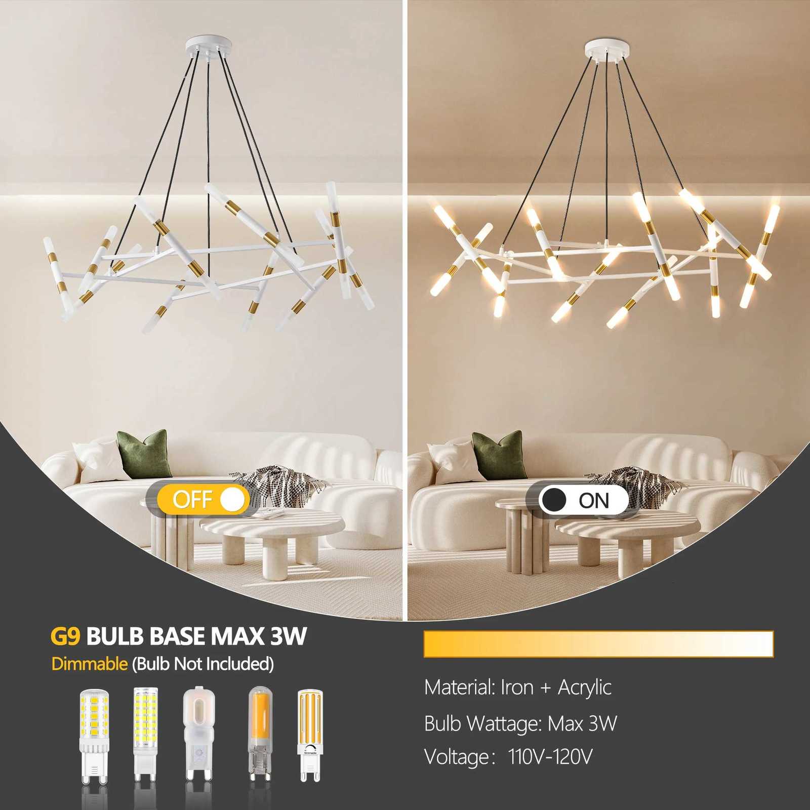 White Golden Modern Chandelier Light Branch Design with Frosted Tubes Black Cords Adjustable Height Pendant Light (No Bulb) XJ250725