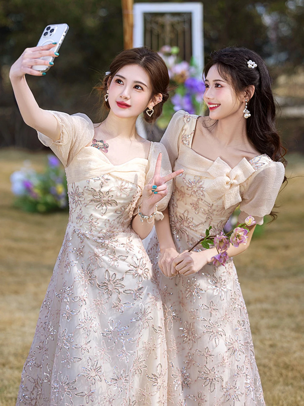 Light Womens Pink Flora Appliqued Bridesmaid Dress Square Collar Off Shoulder Wedding Party Guest Gown Sisters Vestido 250725