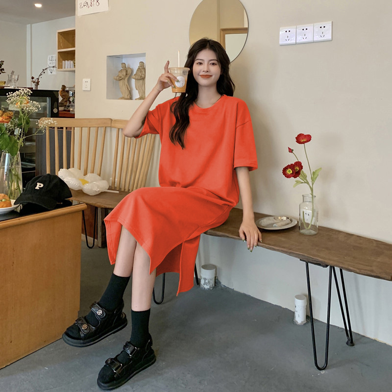 D82702 New large size short-sleeved casual dress for women in summer 2023 new loose solid color medium-length over the knee
