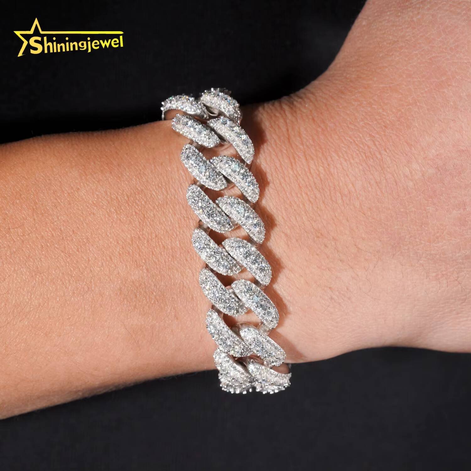 Hot Selling Hip Hop 16mm Moon Shape Cuban Link Custom Iced Out Men Moissanite Bracelet 925 Sterling Silver
