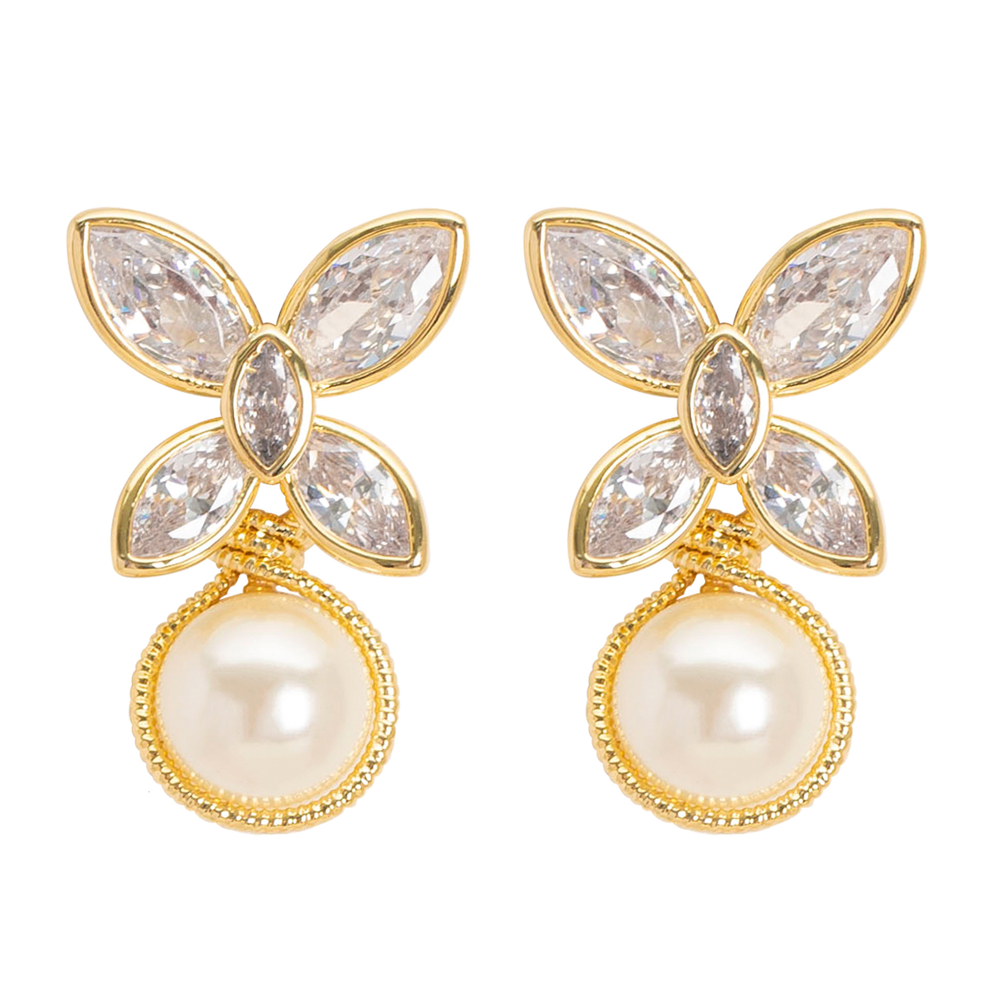 Korean Sweet and Exquisite Vacation Style Zircon Inlaid Four-Leaf Clover Pearl High-End Light Niche Sier Needle Earrings