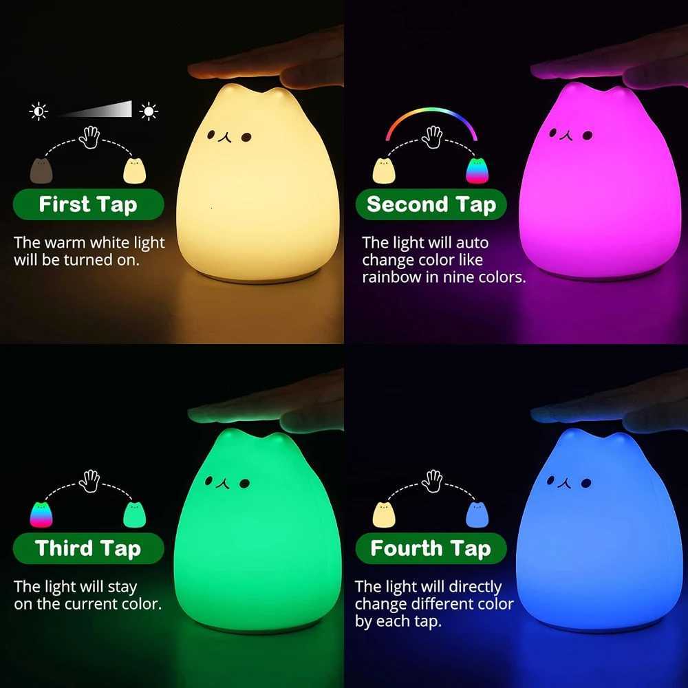7 Colors LED Night Light For Children Baby Kids Soft Silicone Touch Sensor Cartoon Cat Sleeping Lamp Home Bedroom Decoration XJ250725