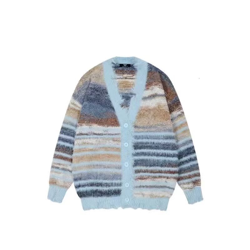 Autumn New Lazy Style Rainbow Color Block Sweater Knitwear Couple Cardigan Jacket Trendy