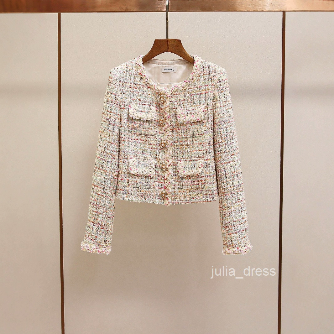 Autumn New High-end French Style Heavy Embellished Diamond Woven Tweed Round Neck Short Jacket for Women