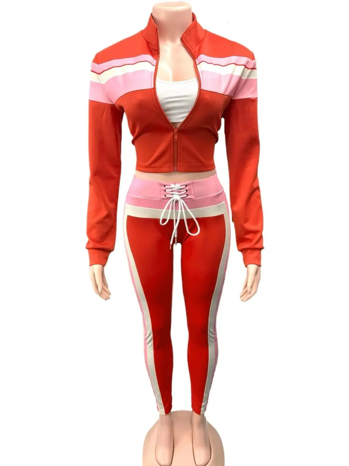 Weird Puss Patchwork Women 2Piece Set Tracksuit Sporty Long Sleeve Zip Crop TopShirring Leggings Matching Casual Skinny Outfits 250725