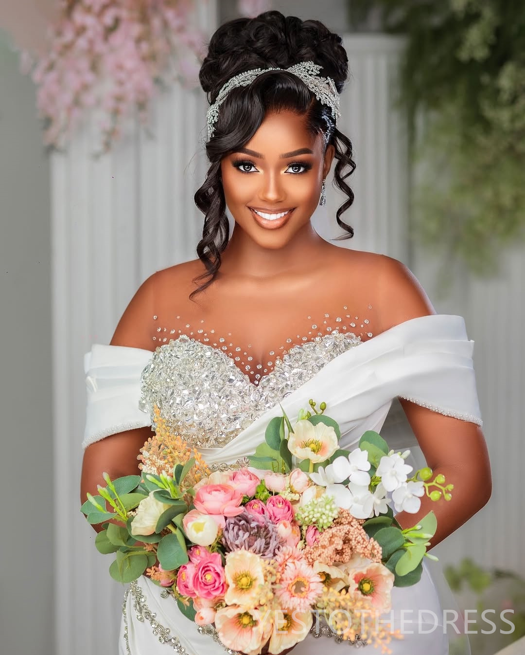 2025 Aso Ebi Wedding Dresses Bridal Gowns For Bridal Sheer Neck Illusion Ruffles Beaded Rhinestones Tiered Satin African Wedding Gowns For Black Women