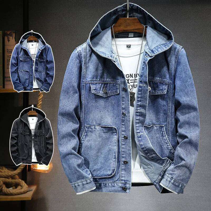 Men Denim Jackets Coats Button Coat Hooded Jacket Full Sleeve Casual Splice Regular Open Pockets Solid Spring 2025