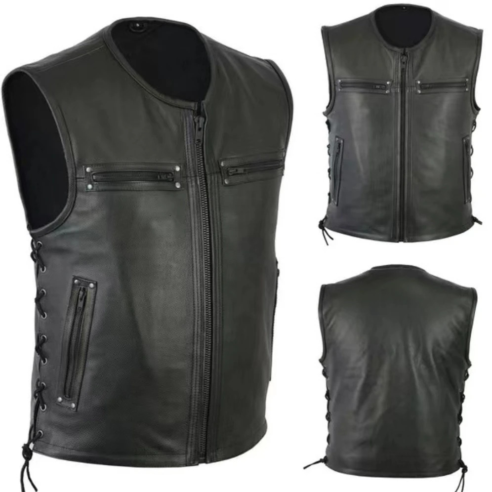 2023 Solid Color Mens Vest Motorcycle Standing Collar PU Leather Jackets Team Punk Sleeve Tops Male Large Size 5XL 250725