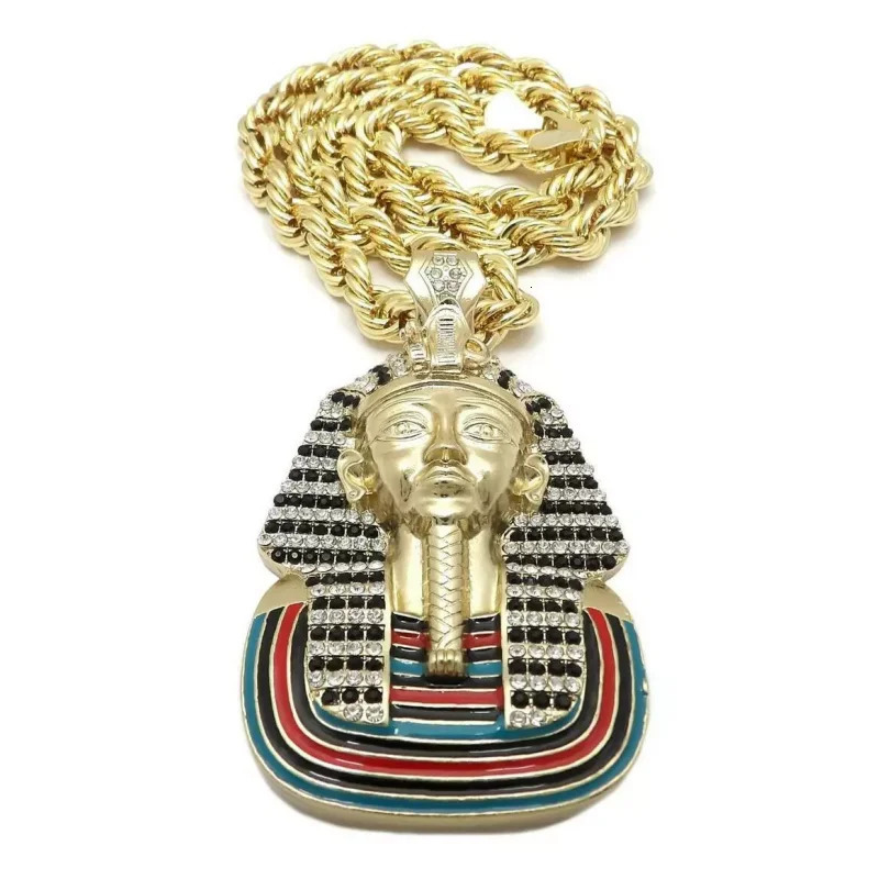 Egyptian Iced Out Bling Pharaoh Pendant Necklace Inlay White Zircon Gold Color Stainless Steel Necklace For Men Egyptian Jewelry 250724