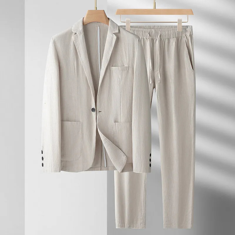 2025 Spring and Summer Mens Linen Suit Set Light Thin Casual Cotton Linen Suit Two Piece Set High Quality Fabric 250724