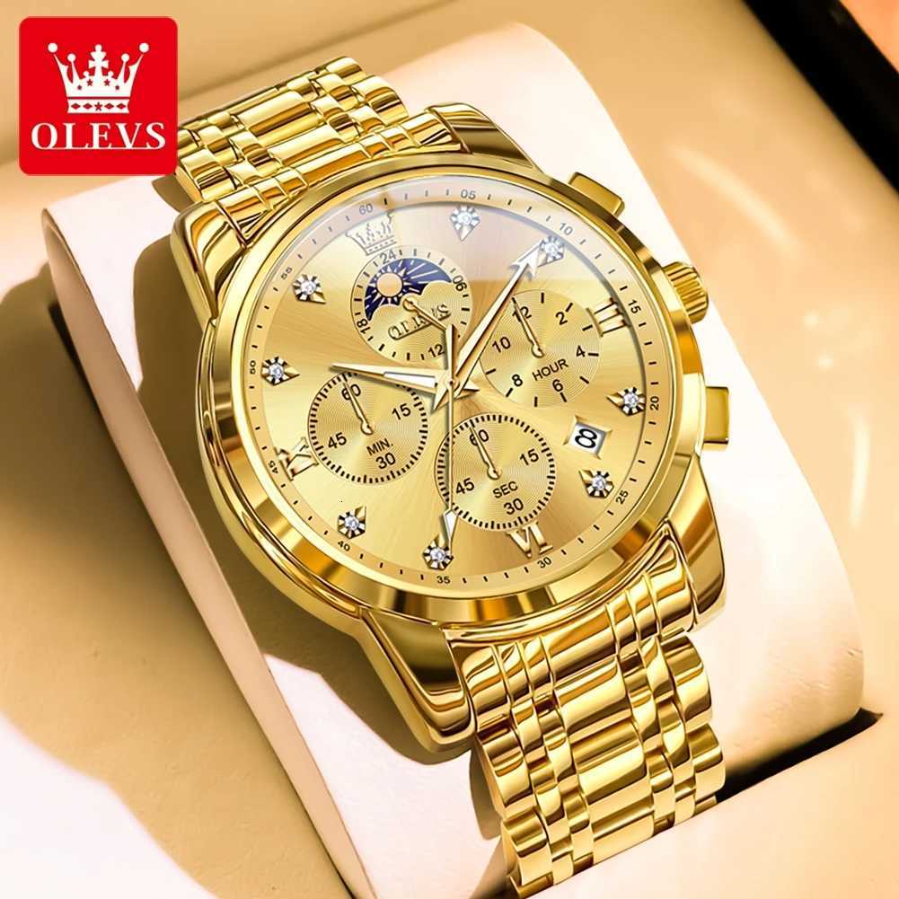 OLEVS Top Luxury Brand Mens Watches Moon Phase Chronograph Quartz Watch for Man Gold Stainless Steel Luminous Watch X250726