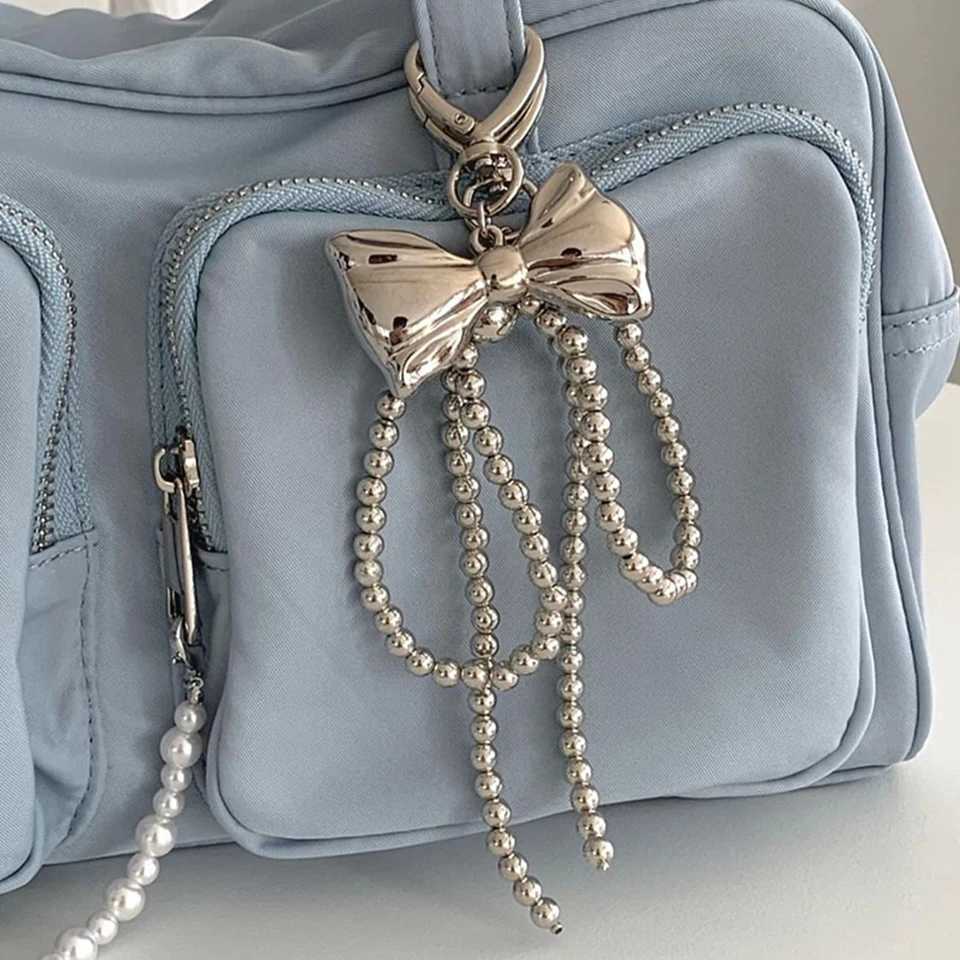 Zakol Y2k Korean Cute Beaded Pearl Bowknot Keychain for Women Girls Metal Bow Pendant Bag Decoration Accessories 250715
