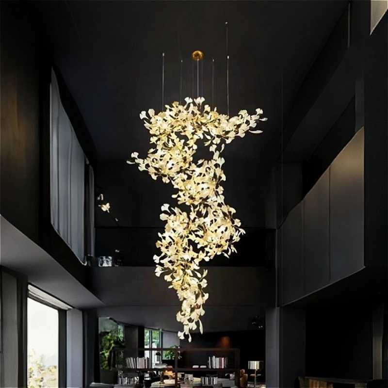 Modern Luxury Loft Ginko Leaf Chandelier for Duplex Staircase Villa Hotel Lobby Artistic Large Long Ginko Leaf Pendant Lamp HallXJ250725