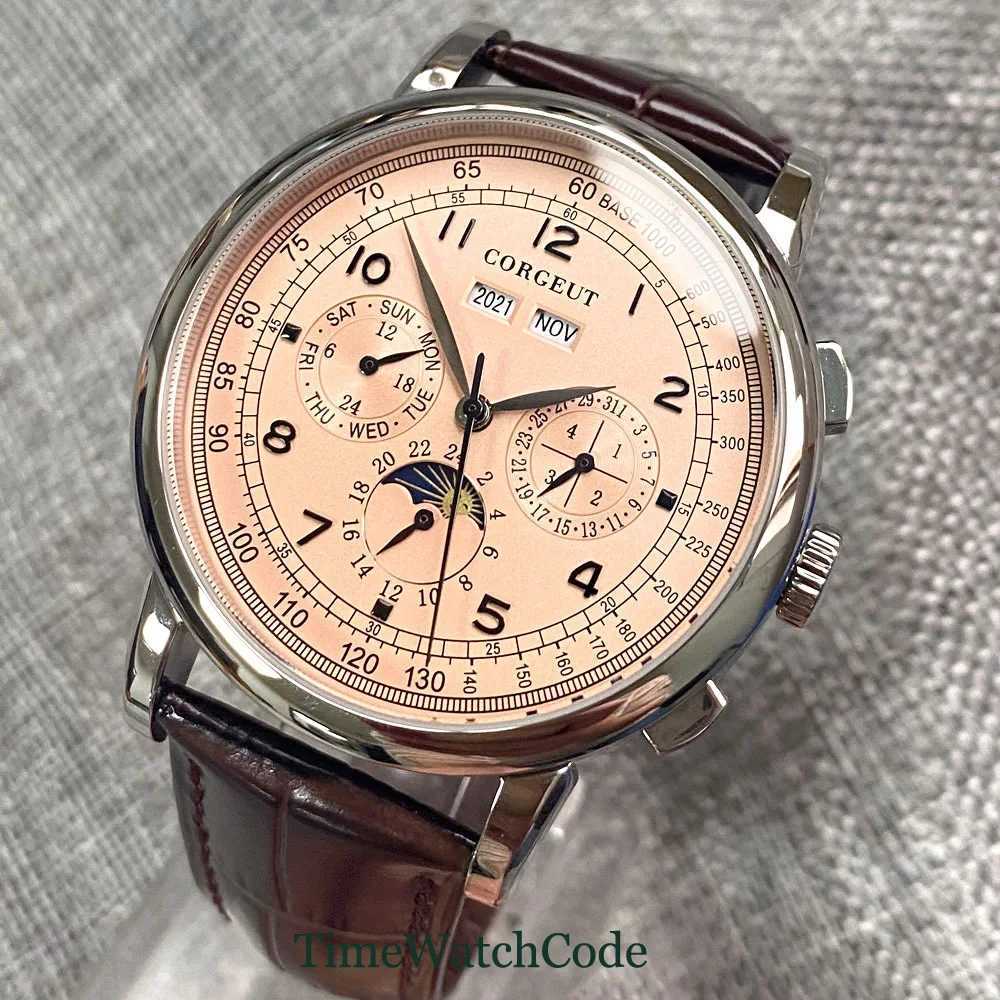 42mm Corgeut Automatic Mens Watch Date Day Month Year Salmon Dial Multi-Function 316L Leather Strap Polished Case Day Night X250726