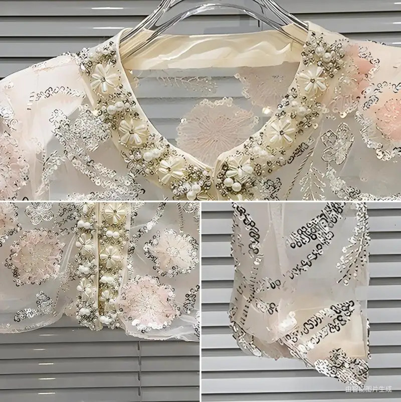 Spring Summer Women Pearls Beaded 3D Flowers Embroidery Sequin Organza Short Jacket Mesh Spliced Floral Coat Cardigan Tops 250725