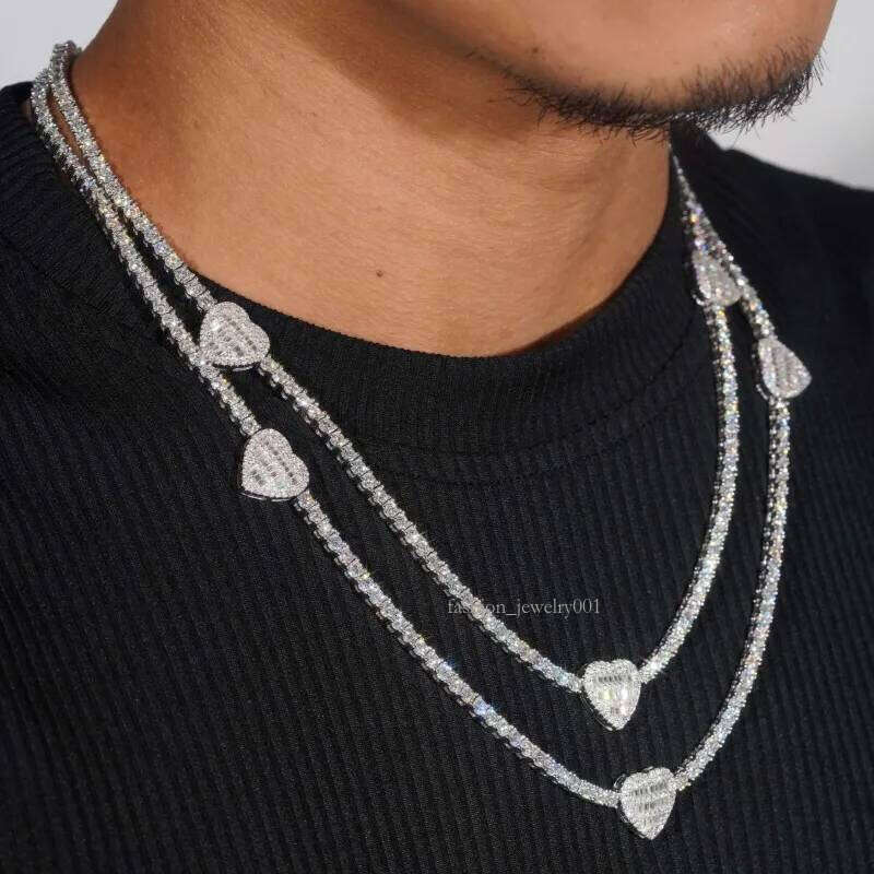 Dia Passed Tester VVS Moissaniten 3mm 16-24inch Sterling Sier Baguette Hearts Moissanite Tennis Chain Necklace For Men Women Nice Gift