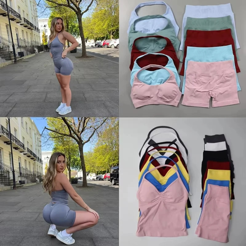 2Pcs Seamless Yoga Set Women Padded Halter Tank Top Scrunch Butt Lifting Gym Shorts Set Summer Sportswear Workout Clothes 250725
