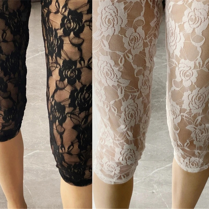F42F Women Hollowed Out Mesh Shorts Cropped Pants High Waist Sheer s Leggings See Through Flower Lace Tights Underpant 250725