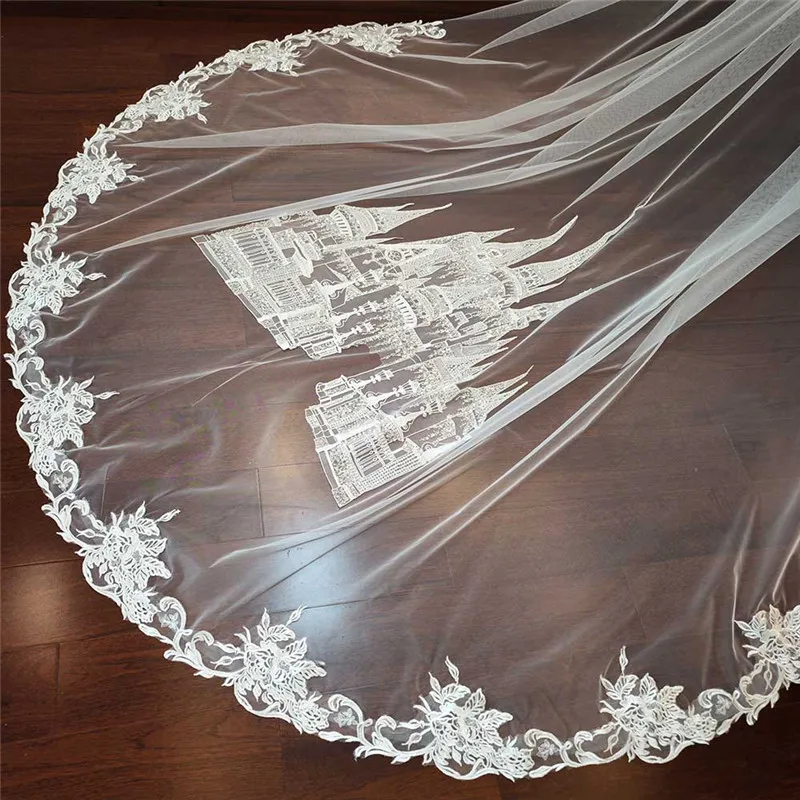 Graceful New Wedding Veils Customized Castle Sequined Lace One Layer Bridal Veil with Comb Wedding Accessories