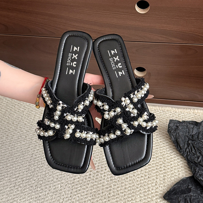 Lanjia- Outdoor Fashion Women's Flat Sandals Casual Retro And Sexy 2025 Summer New Soft-Soled Designer Shoes Fairy Pearl Beach Slippers C35a4