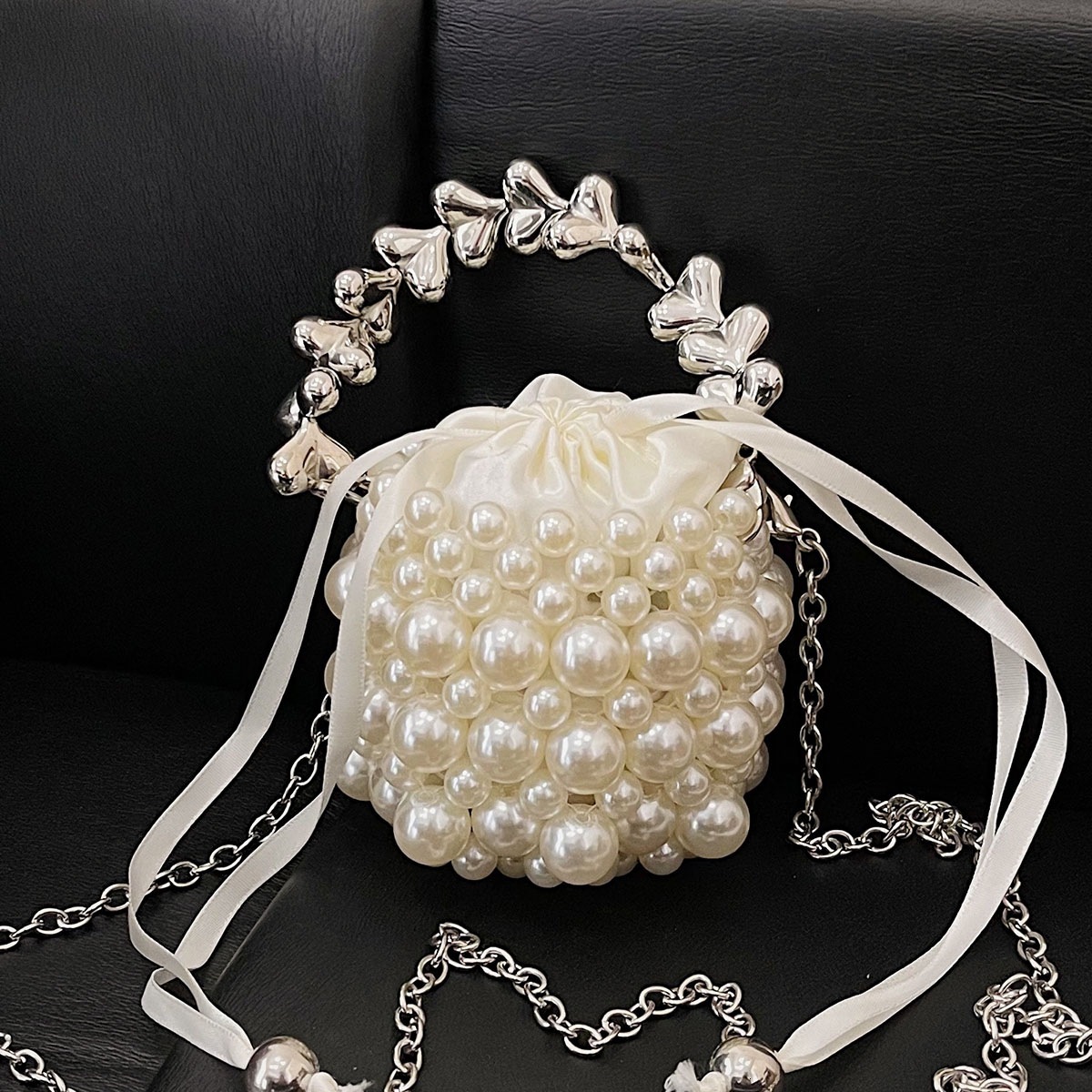Luxury Brand Designer Bag Mini Vintage Handbag With Net Beaded Red Pearls, Chain, Ins Style, Handmade Women's Small Bag, Woven Crossbody Luxury b