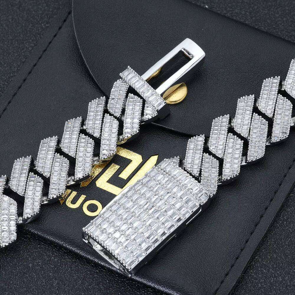 NUOYA Fine Jewelry 20mm Sterling Sier Chunky Cuban Link Chain Pass Dia Test Baguette VVS Moissanite Necklace Women
