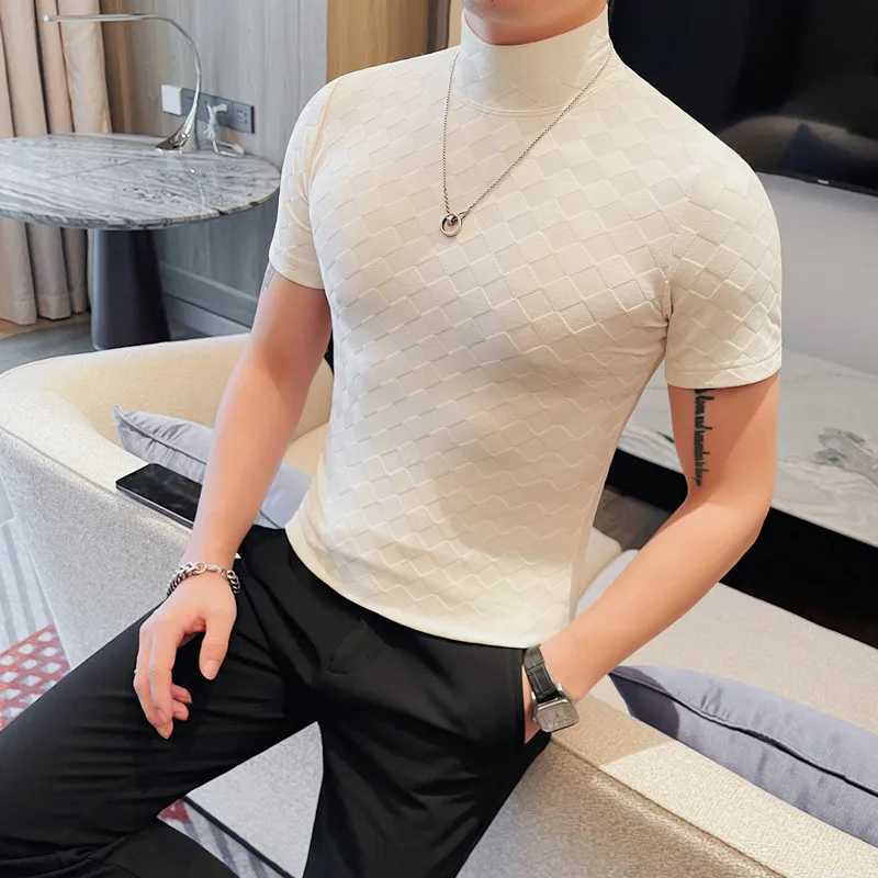 Summer Plaid T-Shirts For Men Fashion Clean Fit Short Sleeve Mens Casual T Shirt All Match Breathable High Collar Turtleneck Z250725