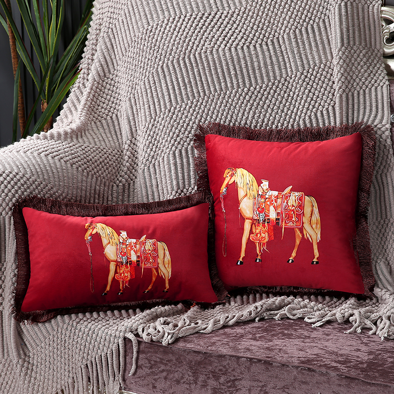 Designer Luxury European American Luxury Printed Cushion Cover Horse Pattern Velvet Pillowcase Lumbar Pillow Cover Tassel Edge