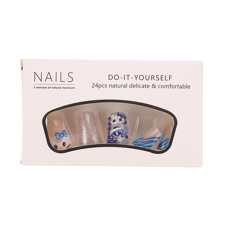 Extra Long Square Fake Nail with Glue 3D Blue Color Cute Full Cover False Nails White French Press on Nails Wearable Manicure