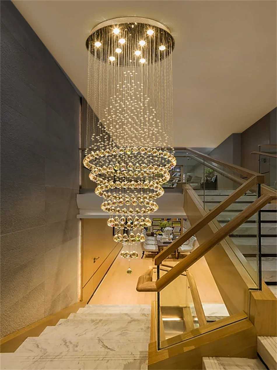 Modern GU10 LED Crystal Chandelier Lamp Stair Light Droplight Villa Double Entry Long Circular Crystal Lighting For LobbyXJ250725
